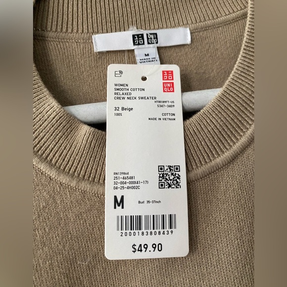 BNWT Uniqlo women’s smooth cotton relaxed crew neck sweater - BEIGE size Medium - Picture 7 of 7